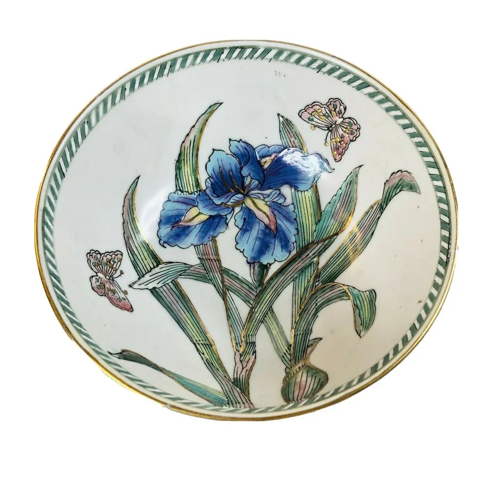 Andrea by Sadek Butterfly Iris Motif Hand Painted Textured Decorative Bowl